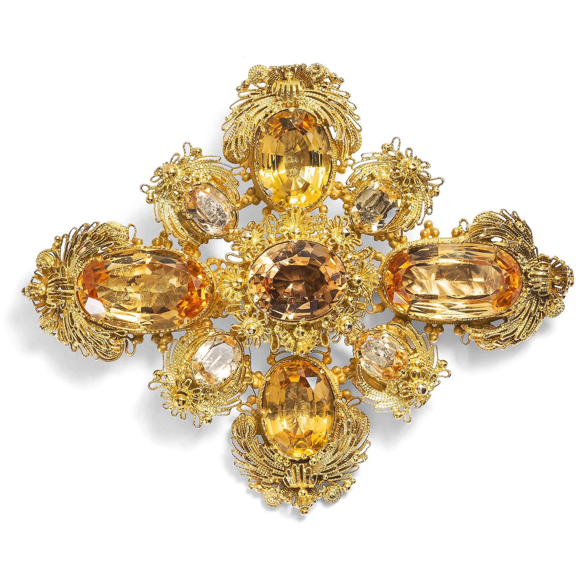 609946-hofer-antikschmuck-Grosse-Brosche-mit-Imperialtopasen-in-Cannetille-aus-Gold-um-1825-Kostbarkeit-aus-Brasilien
