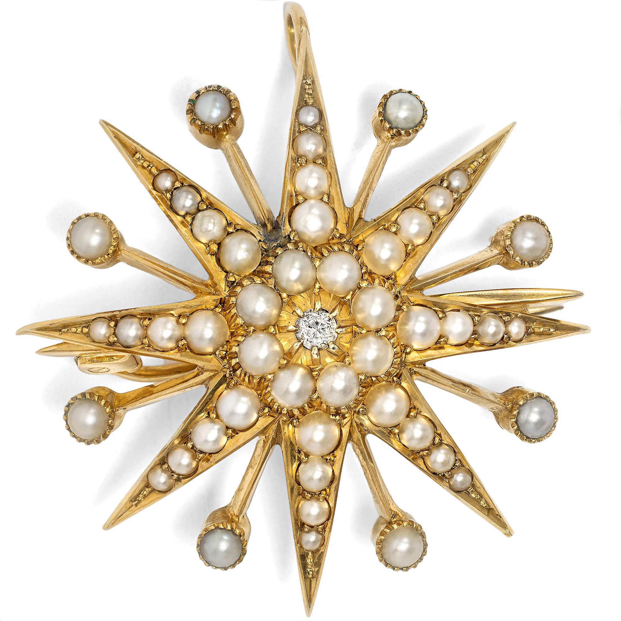 625187-hofer-antikschmuck-Viktorianische-Anhaenger-Brosche-mit-Diamant-und-Perlen-in-Gold-Grossbritannien-um-1900-Sternenglanz