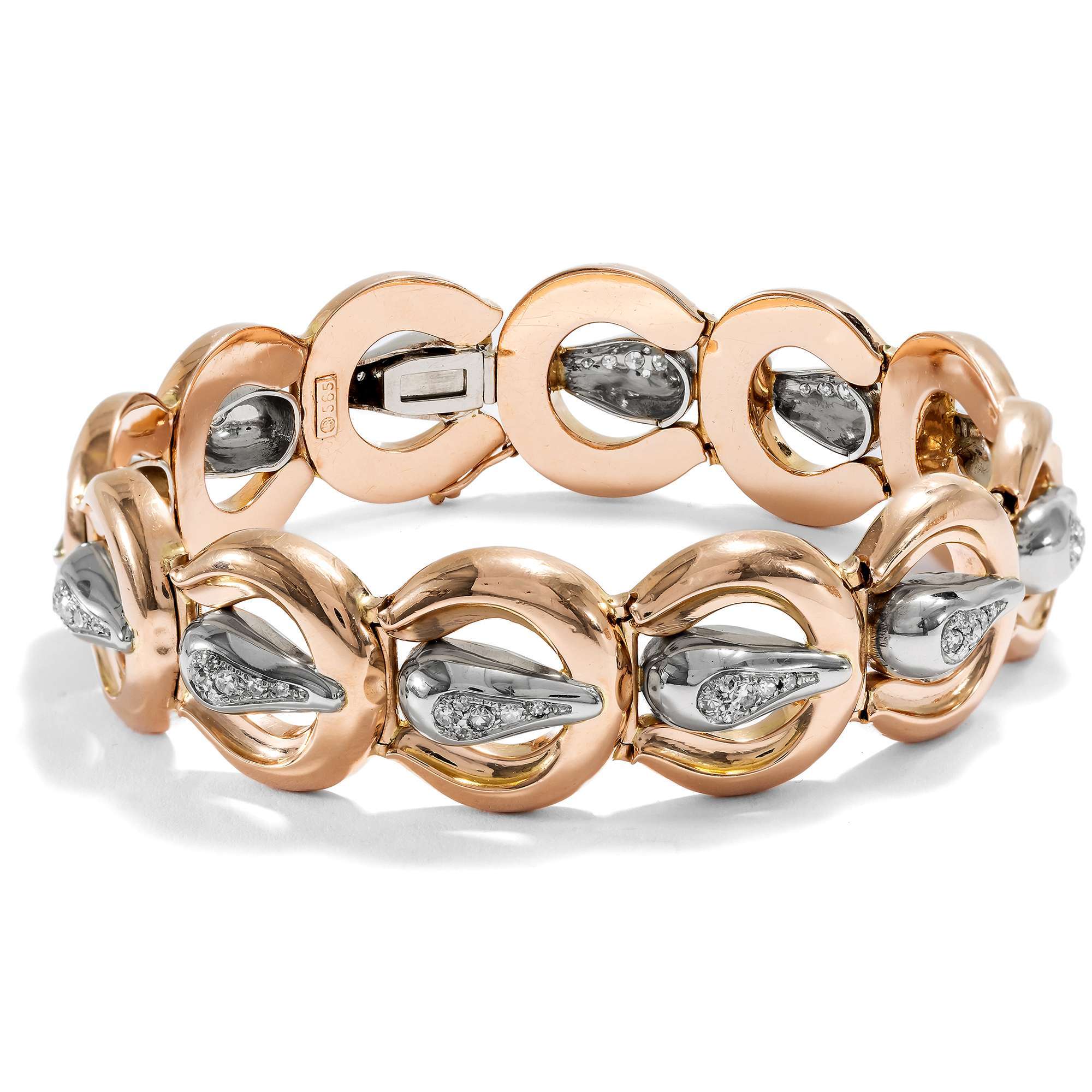 626295-hofer-antikschmuck-Elegantes-Armband-im-Retro-Stil-mit-Diamanten-in-Gold-Pforzheim-um-1940-Stil-in-unsicherer-Zeit