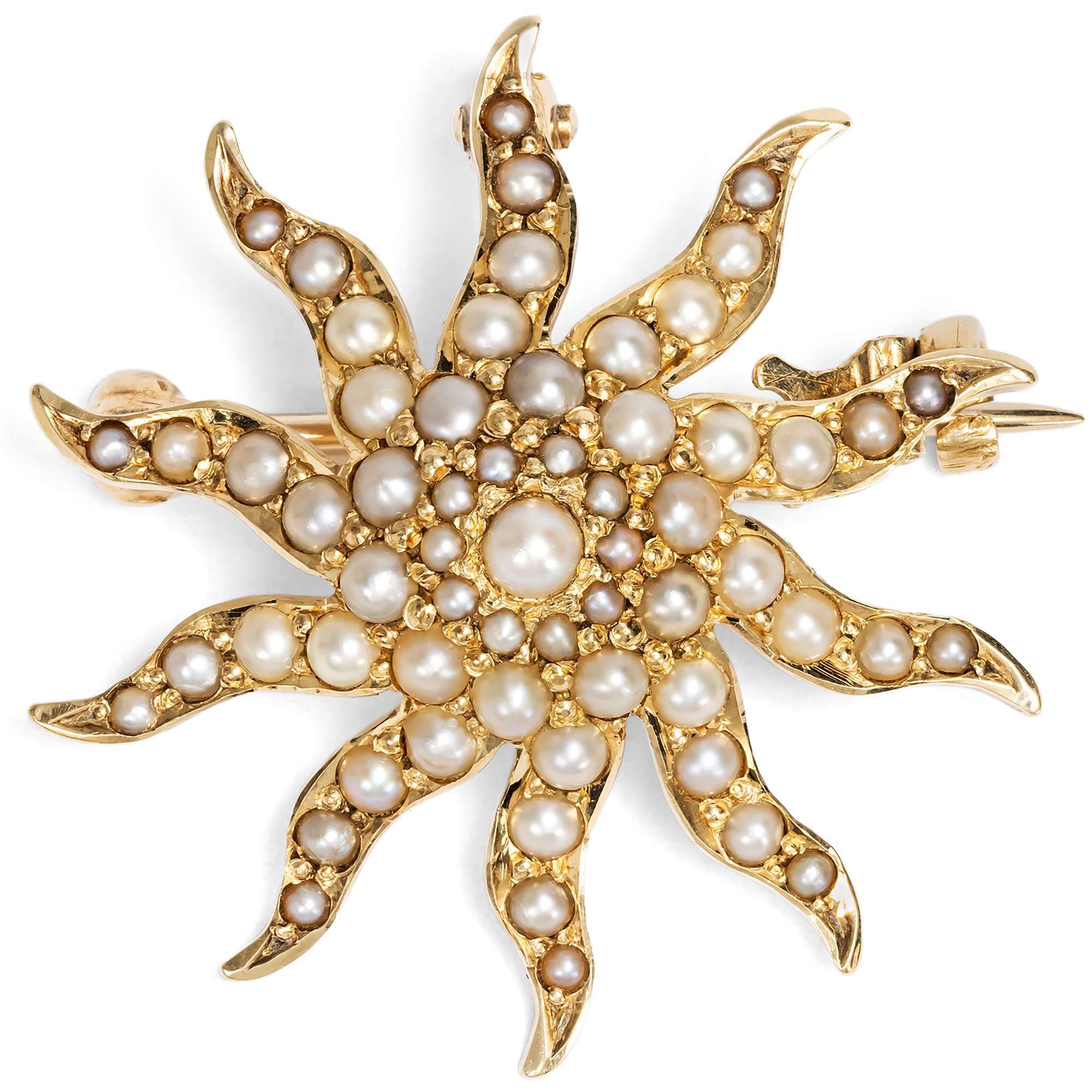 626827-hofer-antikschmuck-Bezaubernde-Anhaenger-Brosche-mit-Naturperlen-in-Gold-wohl-USA-um-1880-Sunburst