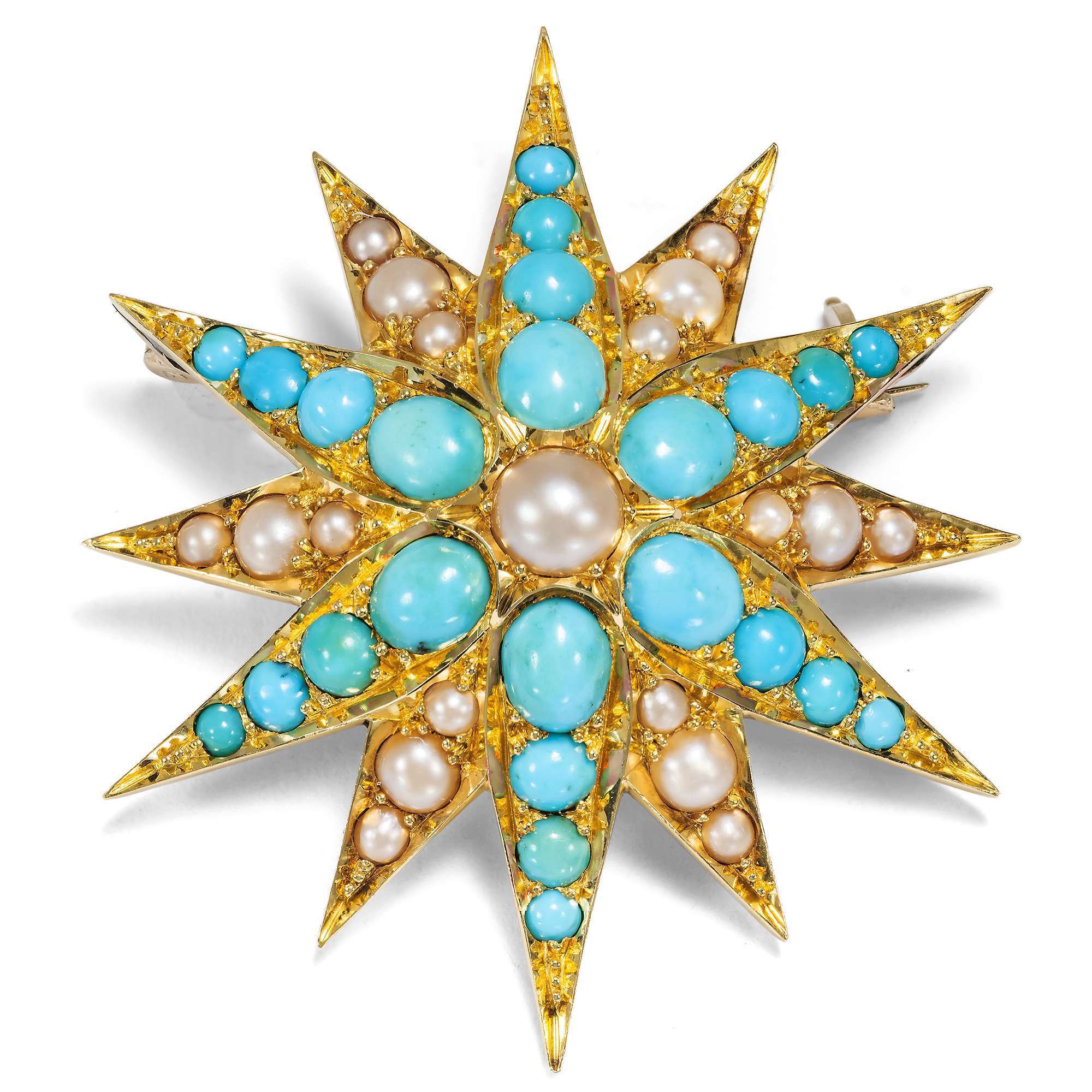 627046-hofer-antikschmuck-Fabelhafte-antike-Sternbrosche-mit-Tuerkisen-und-Perlen-in-Gold-um-1890-Sommernachtstraum