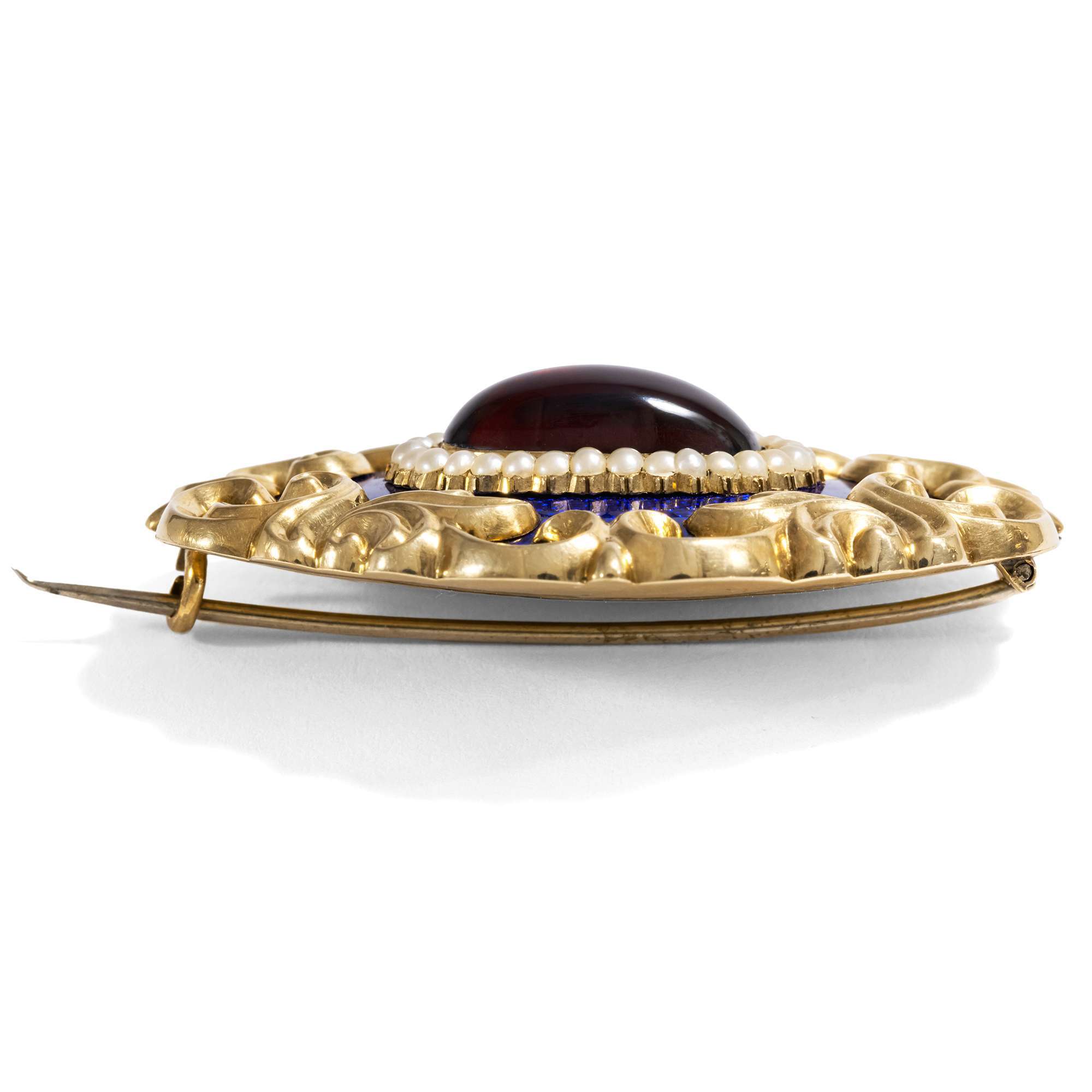 627779-hofer-antikschmuck-Antike-Brosche-mit-Vauxhall-Glas-Granat-und-Perlen-in-Gold-England-um-1840-Sommernacht-im-Biedermeier