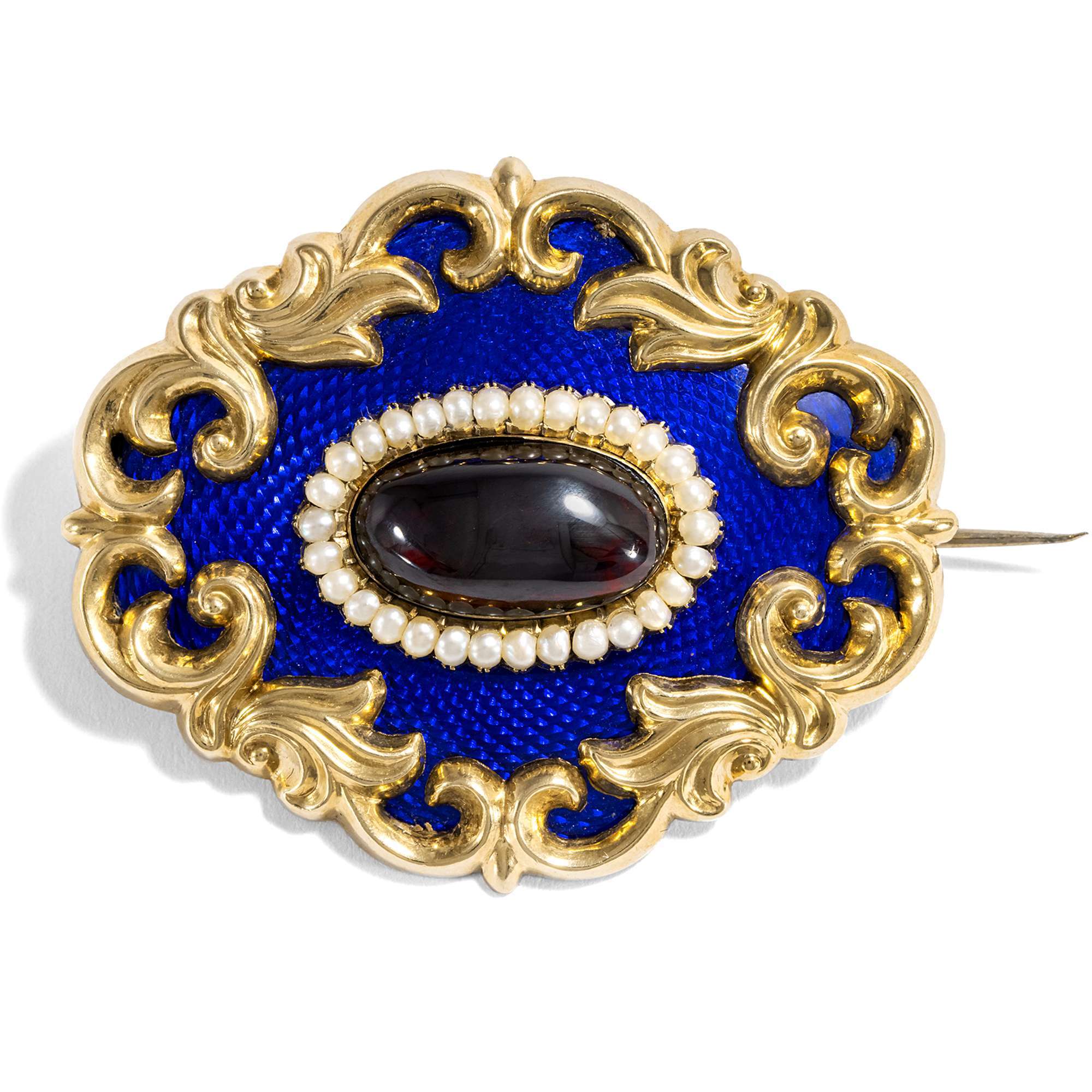 627779-hofer-antikschmuck-Antike-Brosche-mit-Vauxhall-Glas-Granat-und-Perlen-in-Gold-England-um-1840-Sommernacht-im-Biedermeier_1